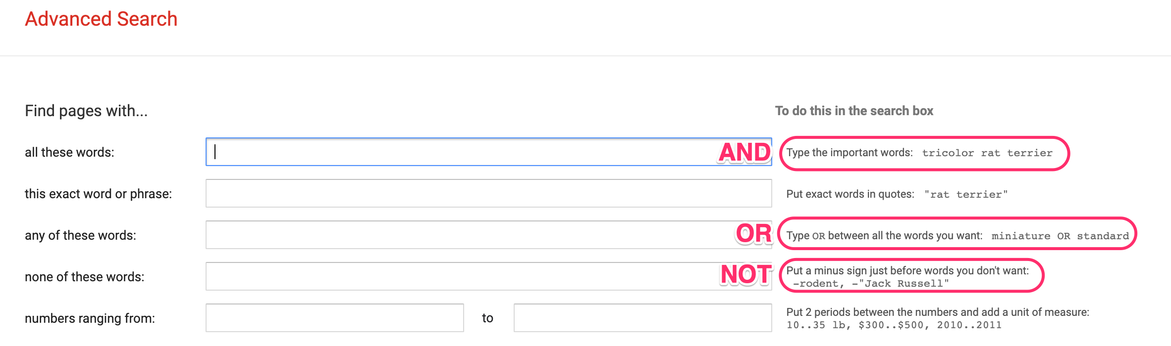 Screenshot of Google advanced search
