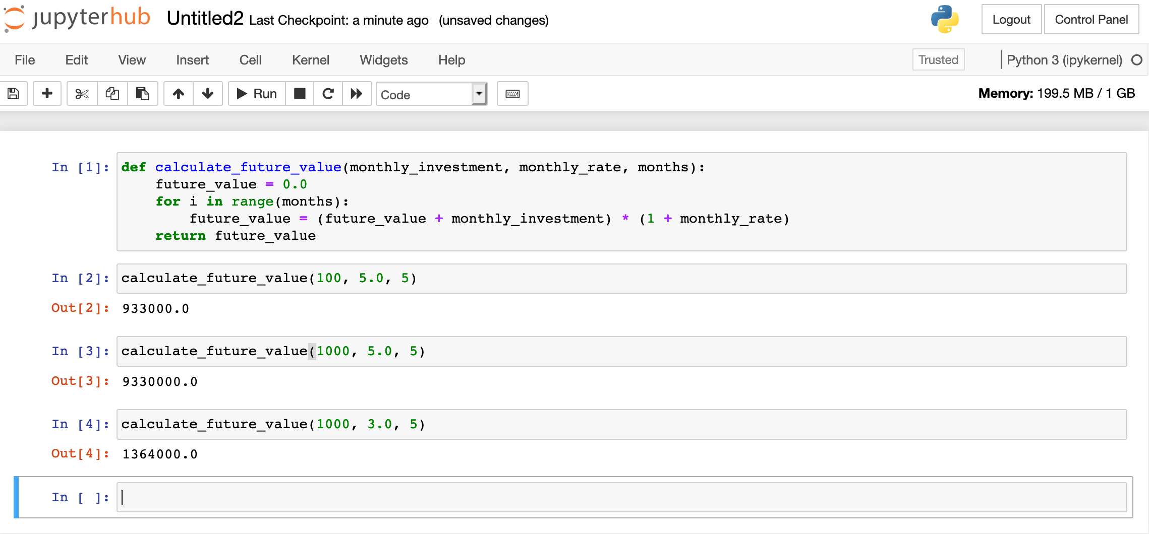 Screenshot of a Jupyter notebook with Python code